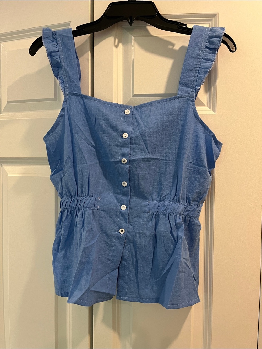 Blue Sleeveless Cotton Button-Front Peplum Top